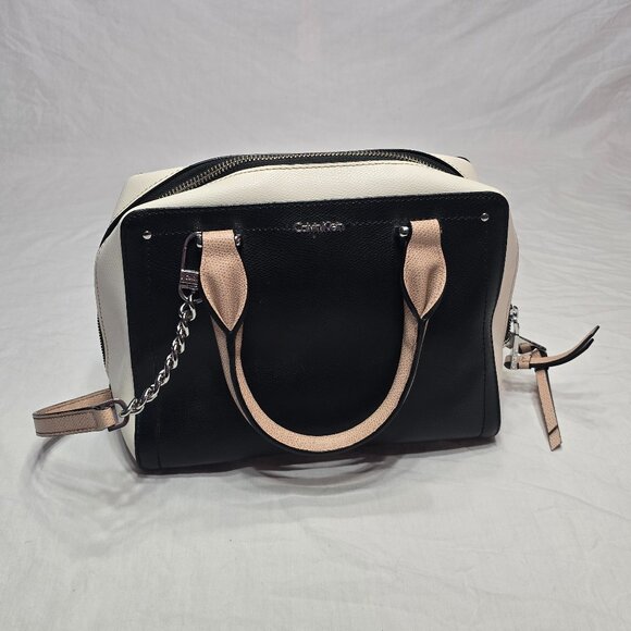 CALVIN KLEIN Boxy Small Leather Satchel, Bag, Handbag Black White Tan Zipper - Picture 1 of 16
